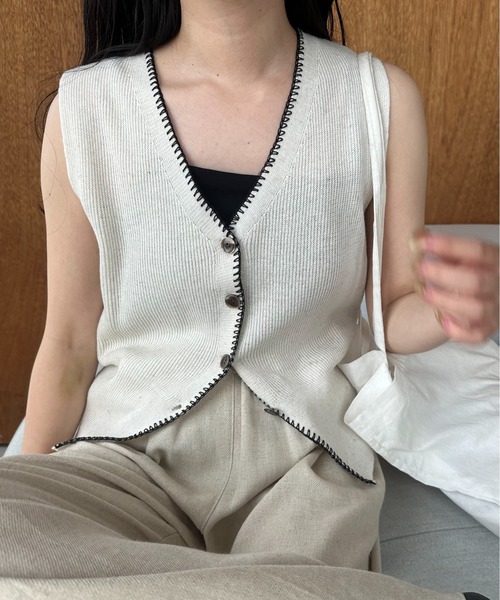 lawgy（ラウジー）の「bi color line mix vest / バイカラーラインミックスベスト（ベスト・レディース・オートミール/ヘザーグレー・FREE）」の5枚目の写真