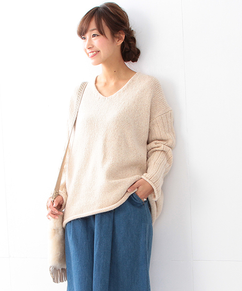 Ray BEAMS（レイビームス）の「Ray BEAMS / 3G 袖リブ Vネック（ニット/セーター・レディース・ネイビー/ライトグレー/ベージュ・ONE SIZE）」の3枚目の写真