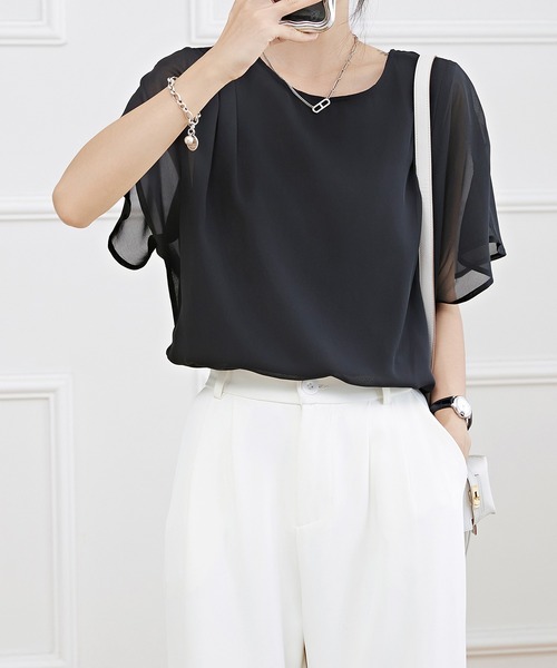 Lace Ladies（レースレディース）の「ソリッドカラー クルーネック 半袖 シアー プルオーバー（シャツ/ブラウス・レディース・ホワイト/ネイビー/ベージュ/ブラック/ブルーグレー・S/FREE）」の11枚目の写真
