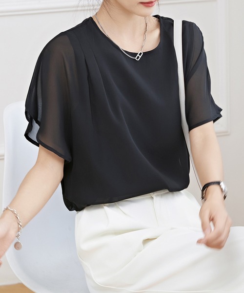 Lace Ladies（レースレディース）の「ソリッドカラー クルーネック 半袖 シアー プルオーバー（シャツ/ブラウス・レディース・ホワイト/ネイビー/ベージュ/ブラック/ブルーグレー・S/FREE）」の9枚目の写真