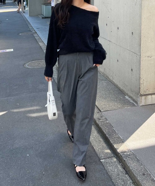 セール】【新色追加】ボリュームスリーブシャギーオフショルニット