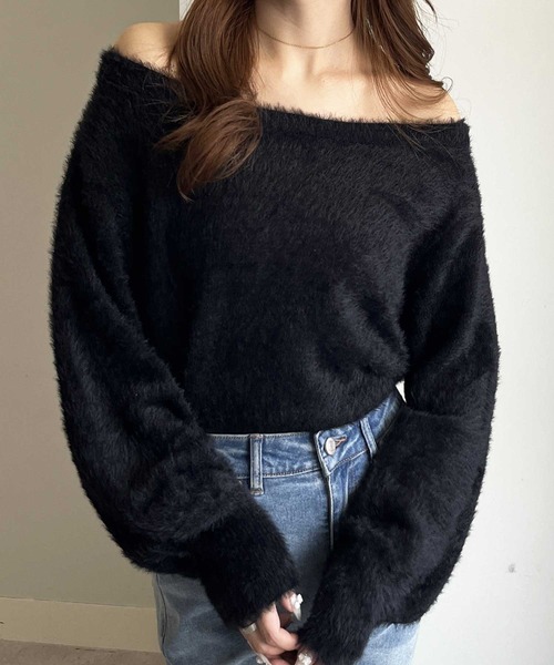 セール】【新色追加】ボリュームスリーブシャギーオフショルニット