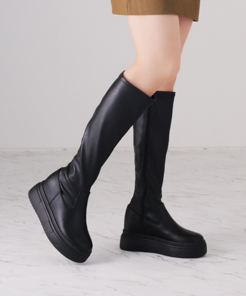 セール】厚底ボリュームソールストレッチロングブーツ（ブーツ