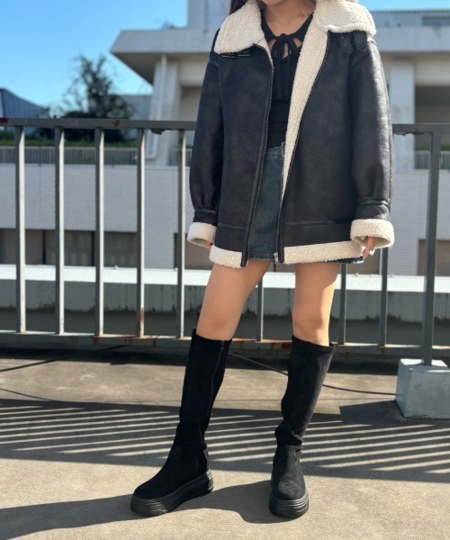 セール】厚底ボリュームソールストレッチロングブーツ（ブーツ