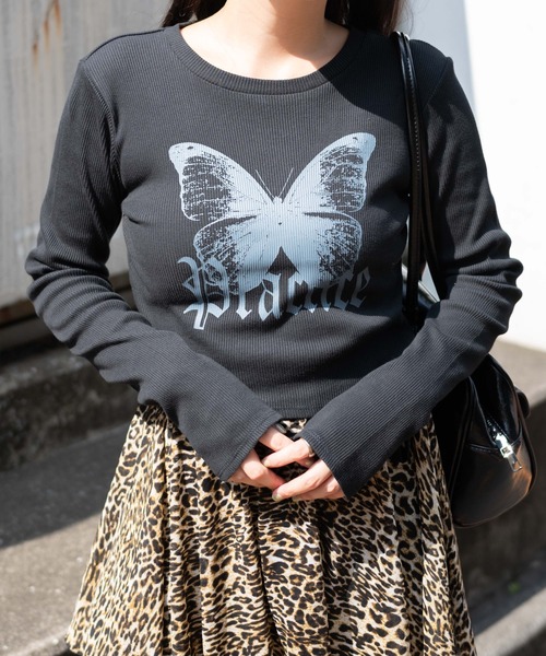 WEGO（ウィゴー）の「WEGO/バタフライプリントロンT（Tシャツ/カットソー・レディース・ブラック/ホワイト・FREE）」の9枚目の写真