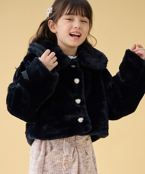 超美品 ボンポワン 襟ファージャケット 黒 6歳 120 超美品 ボンポワン 襟ファージャケット 黒 6歳 120セール】リボン