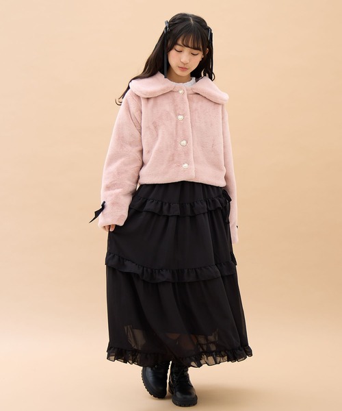 Amourire girl（アムリールガール）の「リボンフェイクファーブルゾン（130㎝～160㎝）（ブルゾン・キッズ・ブラック/オフホワイト/ピンク/サックスブルー・130cm/140cm/150cm/160cm）」の7枚目の写真