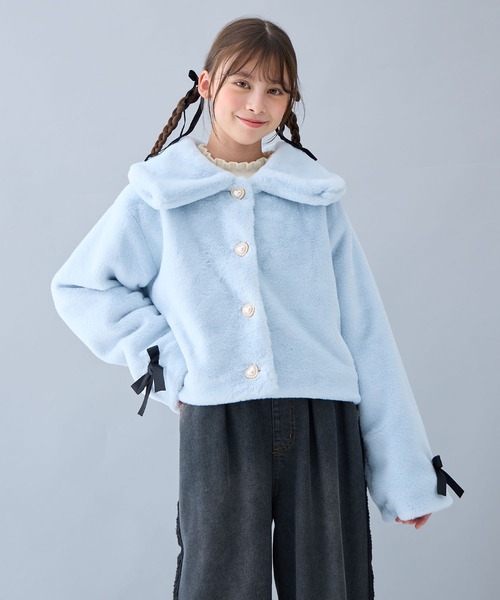 Amourire girl（アムリールガール）の「リボンフェイクファーブルゾン（130㎝～160㎝）（ブルゾン・キッズ・ブラック/オフホワイト/ピンク/サックスブルー・130cm/140cm/150cm/160cm）」の18枚目の写真