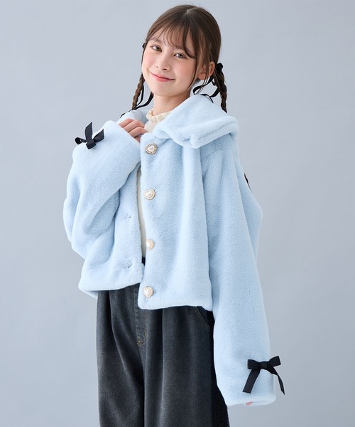 Amourire girl（アムリールガール）の「リボンフェイクファーブルゾン（130㎝～160㎝）（ブルゾン・キッズ・ブラック/オフホワイト/ピンク/サックスブルー・130cm/140cm/150cm/160cm）」の19枚目の写真