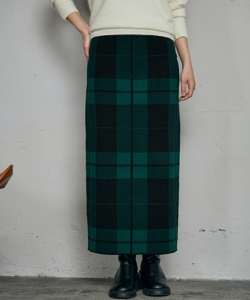 新色追加》チェック ニット ナロースカート ニットスカート ロング丈