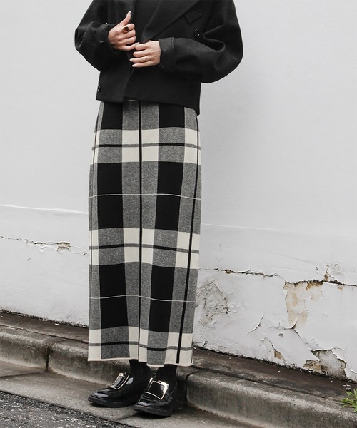 新色追加》チェック ニット ナロースカート ニットスカート ロング丈