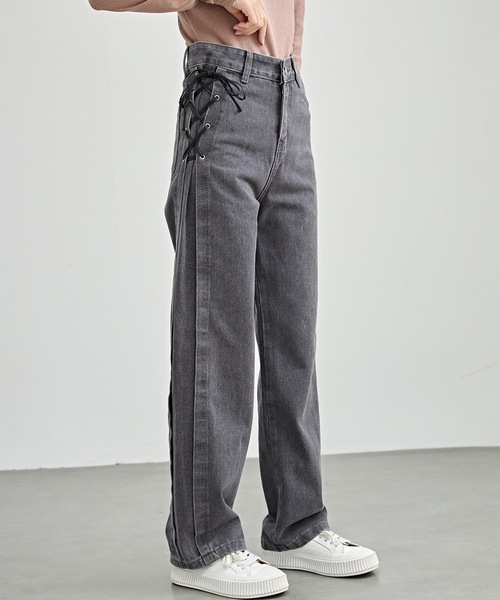 セール サイド レースアップ ハイウエスト ストレート デニム パンツ デニムパンツ Lace Ladies レースレディース のファッション通販 -