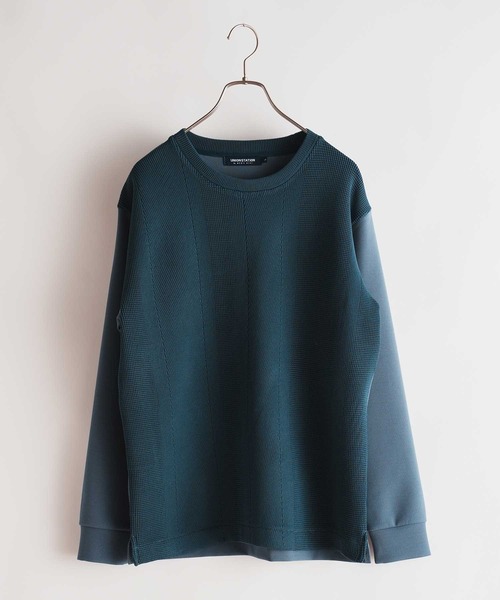 UNION STATION(ユニオンステーション)の「ポリエステルニット×ポンチスウェット プルオーバー(スウェット・メンズ・ブラウン/ライトブルー/ホワイト/ネイビー系・LL/L/M)」の3枚目の写真