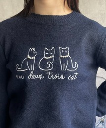 パール付きネコ刺繍ニット