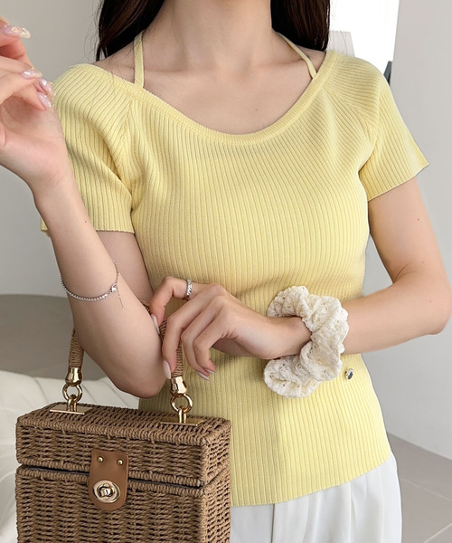 mily bilet（ミウィビレット）の「【mily bilet】お洒落この夏さらっと着れる♪チョーカーリボン紐付きサマーニットトップス(半袖)（Tシャツ/カットソー・レディース・イエロー/グレー/アイボリー/ブラック・X-LARGE/MEDIUM/LARGE/SMALL）」の4枚目の写真