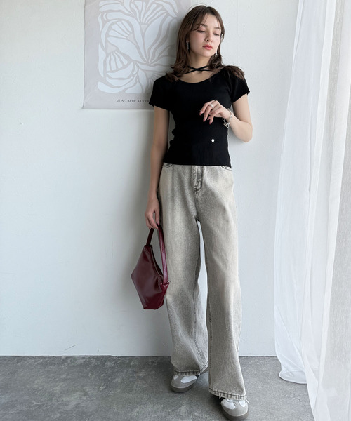 mily bilet（ミウィビレット）の「【mily bilet】お洒落この夏さらっと着れる♪チョーカーリボン紐付きサマーニットトップス(半袖)（Tシャツ/カットソー・レディース・イエロー/グレー/アイボリー/ブラック・X-LARGE/MEDIUM/LARGE/SMALL）」の22枚目の写真