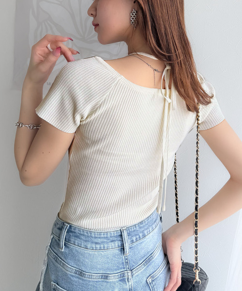 mily bilet（ミウィビレット）の「【mily bilet】お洒落この夏さらっと着れる♪チョーカーリボン紐付きサマーニットトップス(半袖)（Tシャツ/カットソー・レディース・イエロー/グレー/アイボリー/ブラック・X-LARGE/MEDIUM/LARGE/SMALL）」の14枚目の写真