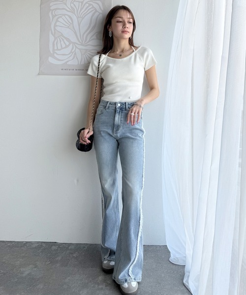 mily bilet（ミウィビレット）の「【mily bilet】お洒落この夏さらっと着れる♪チョーカーリボン紐付きサマーニットトップス(半袖)（Tシャツ/カットソー・レディース・イエロー/グレー/アイボリー/ブラック・X-LARGE/MEDIUM/LARGE/SMALL）」の12枚目の写真
