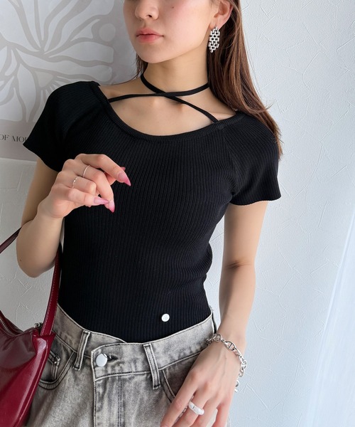 mily bilet（ミウィビレット）の「【mily bilet】お洒落この夏さらっと着れる♪チョーカーリボン紐付きサマーニットトップス(半袖)（Tシャツ/カットソー・レディース・イエロー/グレー/アイボリー/ブラック・X-LARGE/MEDIUM/LARGE/SMALL）」の19枚目の写真