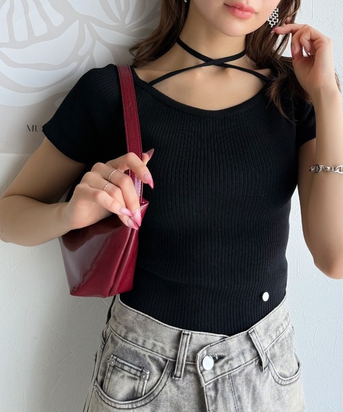 mily bilet（ミウィビレット）の「【mily bilet】お洒落この夏さらっと着れる♪チョーカーリボン紐付きサマーニットトップス(半袖)（Tシャツ/カットソー・レディース・イエロー/グレー/アイボリー/ブラック・X-LARGE/MEDIUM/LARGE/SMALL）」の18枚目の写真