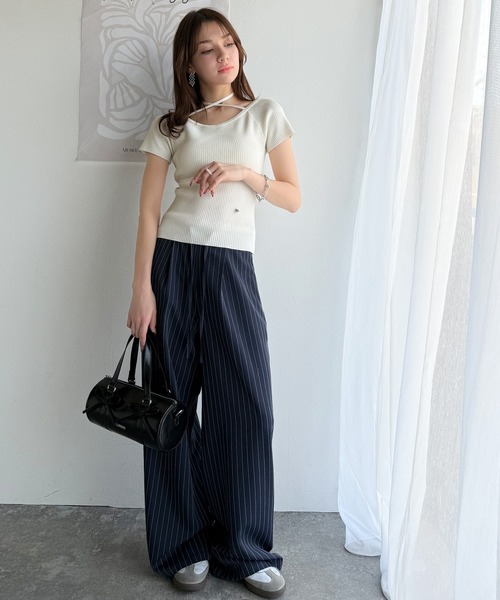 mily bilet（ミウィビレット）の「【mily bilet】お洒落この夏さらっと着れる♪チョーカーリボン紐付きサマーニットトップス(半袖)（Tシャツ/カットソー・レディース・イエロー/グレー/アイボリー/ブラック・X-LARGE/MEDIUM/LARGE/SMALL）」の8枚目の写真