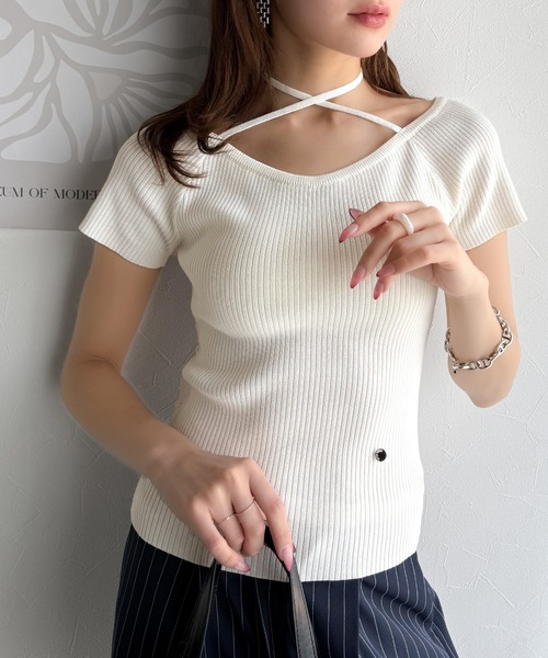 mily bilet（ミウィビレット）の「【mily bilet】お洒落この夏さらっと着れる♪チョーカーリボン紐付きサマーニットトップス(半袖)（Tシャツ/カットソー・レディース・イエロー/グレー/アイボリー/ブラック・X-LARGE/MEDIUM/LARGE/SMALL）」の6枚目の写真