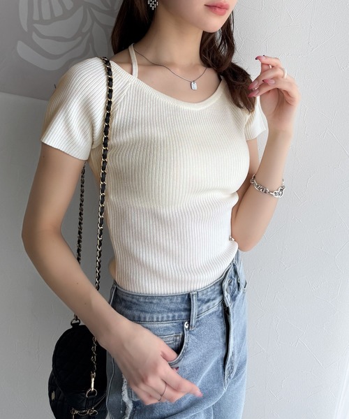 mily bilet（ミウィビレット）の「【mily bilet】お洒落この夏さらっと着れる♪チョーカーリボン紐付きサマーニットトップス(半袖)（Tシャツ/カットソー・レディース・イエロー/グレー/アイボリー/ブラック・X-LARGE/MEDIUM/LARGE/SMALL）」の13枚目の写真