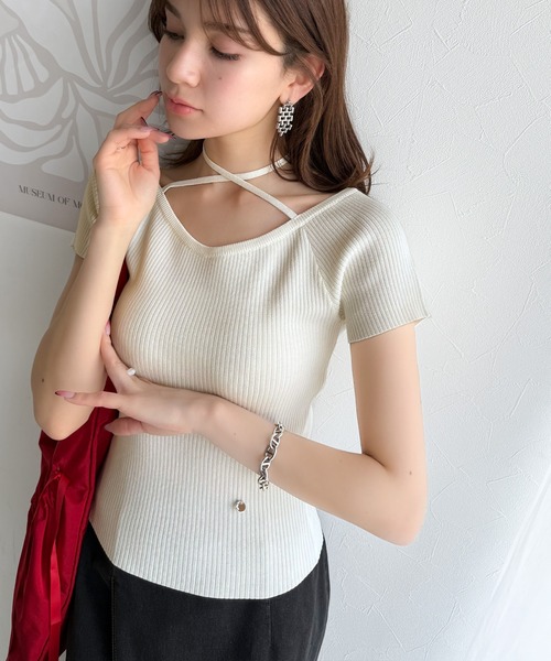 mily bilet（ミウィビレット）の「【mily bilet】お洒落この夏さらっと着れる♪チョーカーリボン紐付きサマーニットトップス(半袖)（Tシャツ/カットソー・レディース・イエロー/グレー/アイボリー/ブラック・X-LARGE/MEDIUM/LARGE/SMALL）」の17枚目の写真