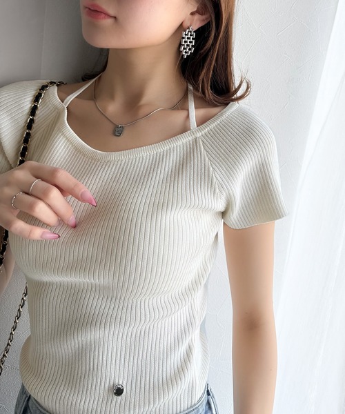 mily bilet（ミウィビレット）の「【mily bilet】お洒落この夏さらっと着れる♪チョーカーリボン紐付きサマーニットトップス(半袖)（Tシャツ/カットソー・レディース・イエロー/グレー/アイボリー/ブラック・X-LARGE/MEDIUM/LARGE/SMALL）」の10枚目の写真