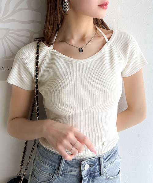 mily bilet（ミウィビレット）の「【mily bilet】お洒落この夏さらっと着れる♪チョーカーリボン紐付きサマーニットトップス(半袖)（Tシャツ/カットソー・レディース・イエロー/グレー/アイボリー/ブラック・X-LARGE/MEDIUM/LARGE/SMALL）」の9枚目の写真