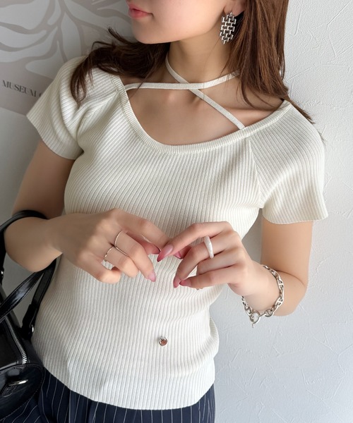 mily bilet（ミウィビレット）の「【mily bilet】お洒落この夏さらっと着れる♪チョーカーリボン紐付きサマーニットトップス(半袖)（Tシャツ/カットソー・レディース・イエロー/グレー/アイボリー/ブラック・X-LARGE/MEDIUM/LARGE/SMALL）」の5枚目の写真