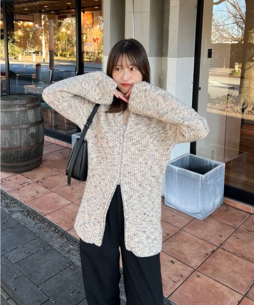 美品 MHL. コットンウール ノーカラーニット カーディガン◆ベージュ コットンウールニット・ショールカーディガン／杢ベージュ