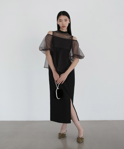 完売品　ブラックドレス レースドットビスチェセットアップ　Iライン　美脚効果 当日発送】 レースドットビスチェセットアップIラインワンピース