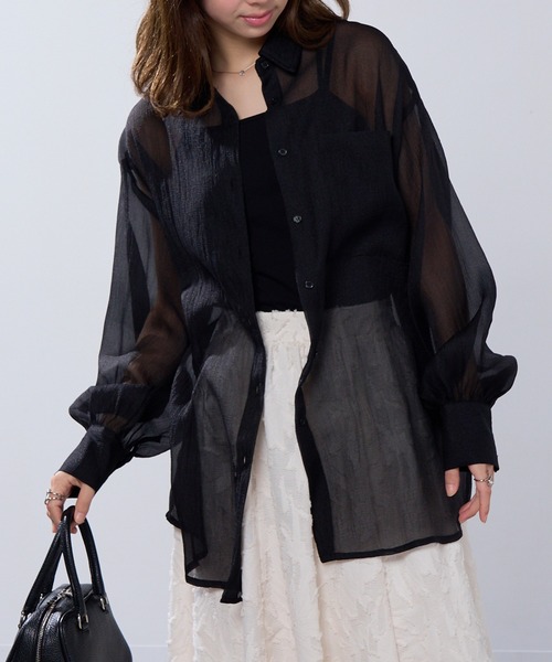 MAISON BREEZE reveur ラメオーガンジー ポケット シャツ 長袖 羽織り バルーンスリーブ オーバーサイズ シアー ブラウス DTK MAISON BREEZE reveur ラメオーガンジー ポケット シャツ 長袖
