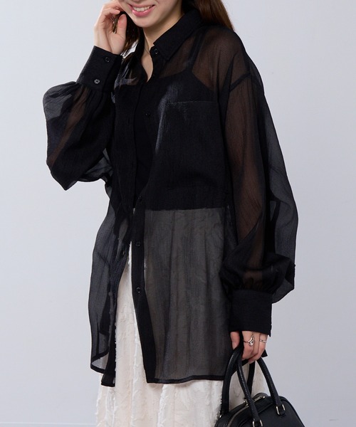 MAISON BREEZE（メゾンブリーズ）の「【MAISON BREEZE】ラメワッシャー シアーシャツ ブラウス シアートップス DTK（シャツ/ブラウス・レディース・ブラック/オフホワイト/グレー/ブラウン・FREE）」の10枚目の写真