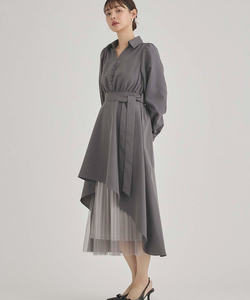 ☆SaturdayClub☆ アシンメトリー プリーツ シャツワンピース Dresses_600x600_crop_center.