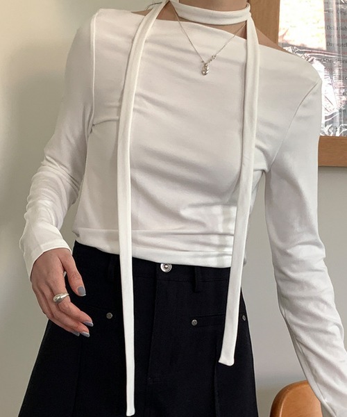 ANOTHER S(アナザーエス)の「紐付きオフショルトップス(Tシャツ/カットソー・レディース・ホワイト/チャコールグレー・FREE)」の10枚目の写真
