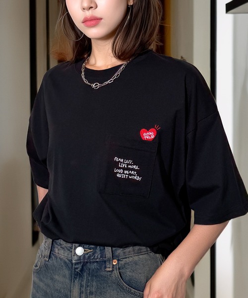 Candlestick(キャンドルスティック)の「レトロ グラフィック ハート 刺繍 オーバーサイズ ストリート ヘビーウェイト 半袖 Tシャツ 韓国 CVC(Tシャツ/カットソー・レディース・ホワイト系/ホワイト系1/ブラック系1/ブラック系/ホワイト/ブラック・L/M/LL)」の20枚目の写真