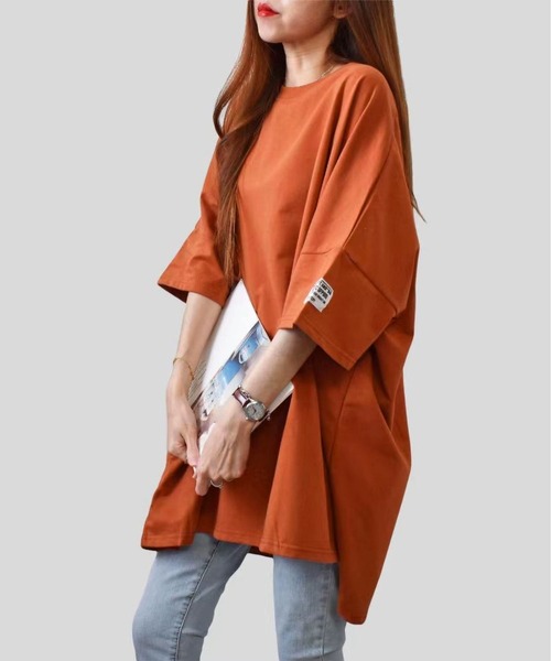BLANC FICELLE（ブランフィセル）の「ソフトな　オーバーサイス　ロング丈　Tシャツ（Tシャツ/カットソー・レディース・ブラック/グリーン/グレー/オレンジ・FREE）」の4枚目の写真