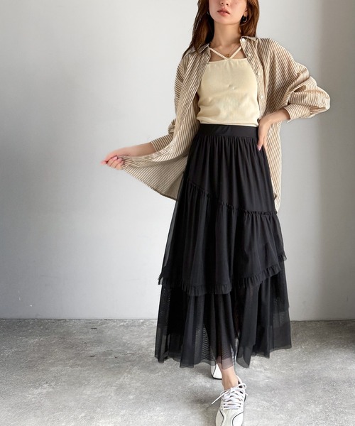 mily bilet(ミウィビレット)の「【mily bilet】大人可愛いエアリーな存在感。アシンメトリーフリルチェックチュールスカート(ロング)(スカート・レディース・ブラック/グレー/ベージュ・SMALL/MEDIUM/LARGE/X-LARGE)」の10枚目の写真