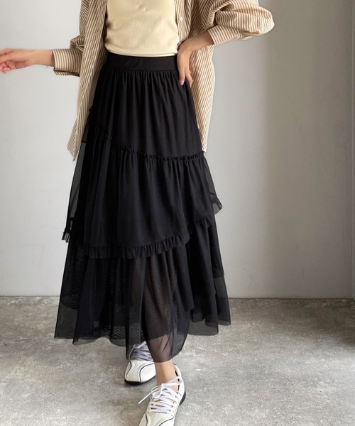 mily bilet(ミウィビレット)の「【mily bilet】大人可愛いエアリーな存在感。アシンメトリーフリルチェックチュールスカート(ロング)(スカート・レディース・ブラック/グレー/ベージュ・SMALL/MEDIUM/LARGE/X-LARGE)」の11枚目の写真