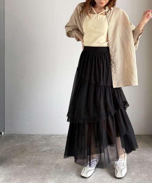 mily bilet(ミウィビレット)の「【mily bilet】大人可愛いエアリーな存在感。アシンメトリーフリルチェックチュールスカート(ロング)(スカート・レディース・ブラック/グレー/ベージュ・SMALL/MEDIUM/LARGE/X-LARGE)」の13枚目の写真