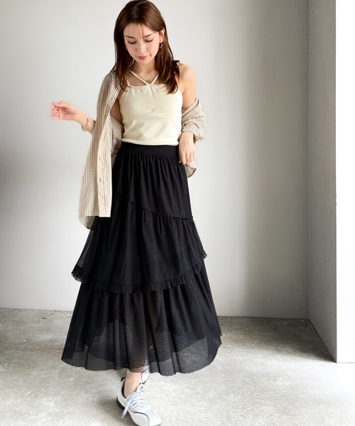mily bilet(ミウィビレット)の「【mily bilet】大人可愛いエアリーな存在感。アシンメトリーフリルチェックチュールスカート(ロング)(スカート・レディース・ブラック/グレー/ベージュ・SMALL/MEDIUM/LARGE/X-LARGE)」の14枚目の写真