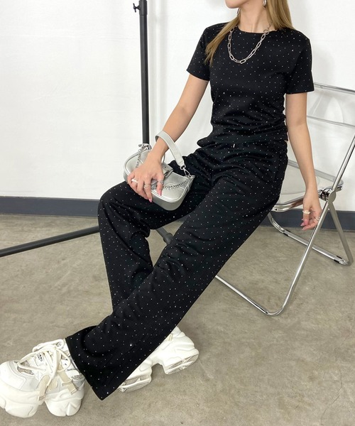 non-hedge（ノンヘッジ）の「ストーン付Tシャツパンツセットアップ（セットアップ・レディース・ブラック/グレー/オフホワイト・FREE）」の2枚目の写真