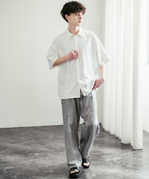 Rocky Monroe(ロッキーモンロー)の「オーバーサイズピーチ起毛レギュラーカラー半袖シャツ(シャツ/ブラウス・メンズ・ネイビー/ダークブルー/ホワイト/チャコールグレー/ブラック・M/L/XL)」の8枚目の写真