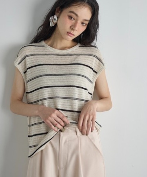 ニット セーター シアーフレンチスリーブ ボーダーポロトップス レディース FREAK'S STORE tシャツ シアーボーダーポロ/ポロシャツ/シアー