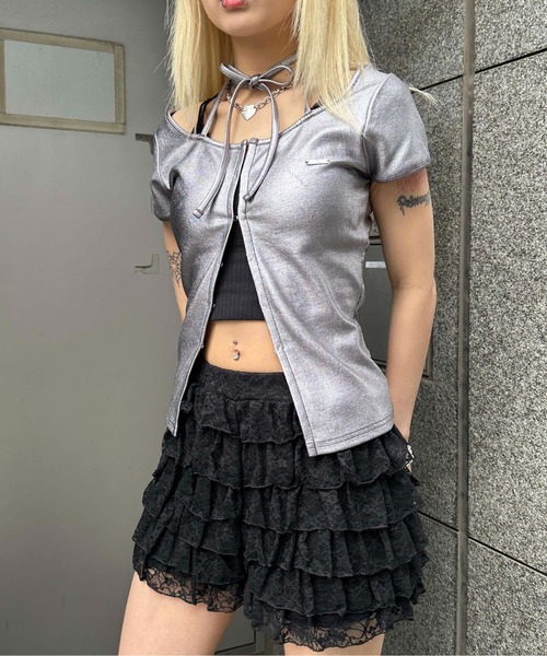 売れ筋商品お見逃しなく セール】フロントホック箔リブトップス（Tシャツ/カットソー トップス