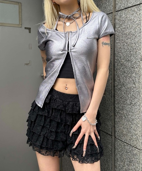 sedacle girl(セダクルガール)の「フロントホック箔リブトップス(Tシャツ/カットソー・レディース・シルバー×ブルー/シルバー・MEDIUM/SMALL)」の3枚目の写真