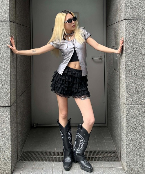 sedacle girl(セダクルガール)の「フロントホック箔リブトップス(Tシャツ/カットソー・レディース・シルバー×ブルー/シルバー・MEDIUM/SMALL)」の9枚目の写真