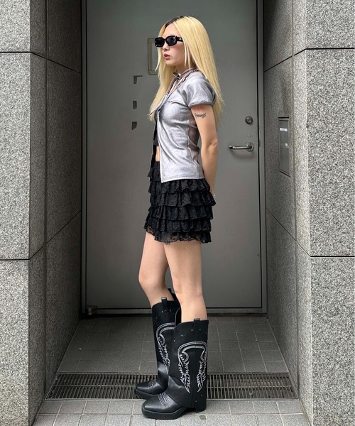sedacle girl(セダクルガール)の「フロントホック箔リブトップス(Tシャツ/カットソー・レディース・シルバー×ブルー/シルバー・MEDIUM/SMALL)」の10枚目の写真